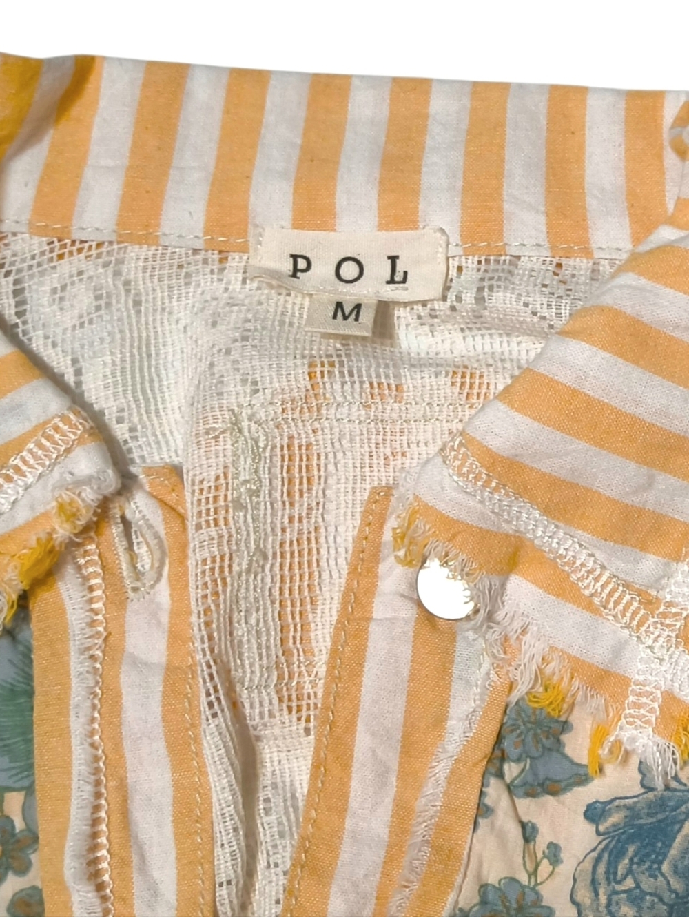 POL Yellow Stripe Blue Floral Boho Cottagecore Patchwork Shacket Top with Lace - Picture 11 of 11